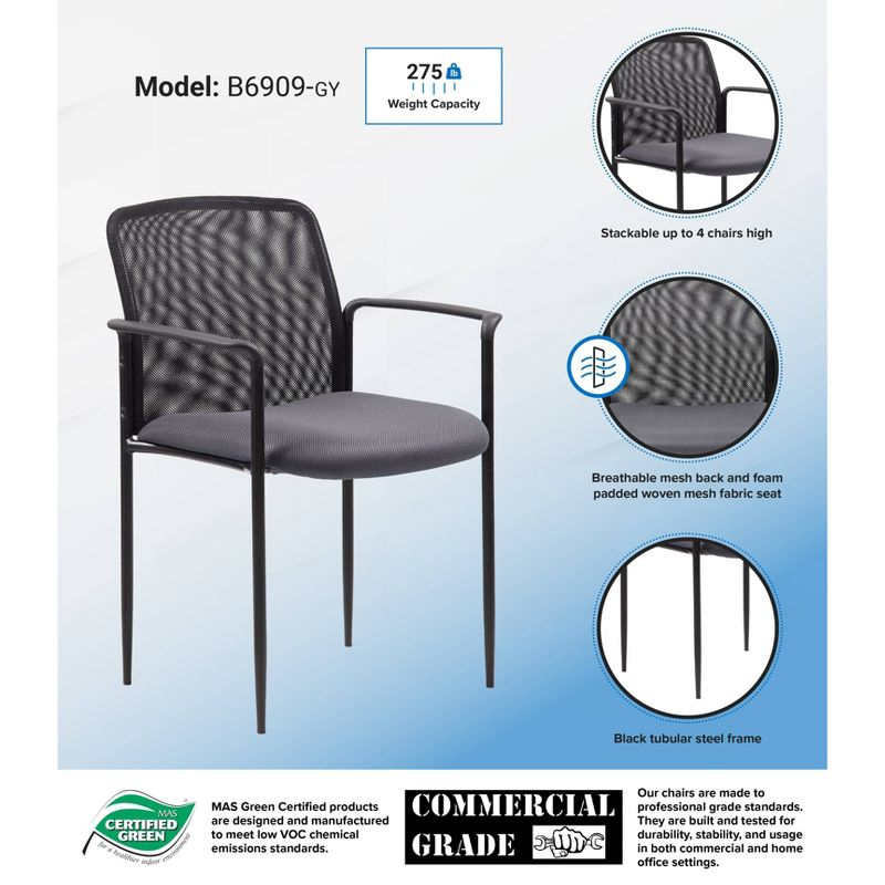 Boss Office Products Office Chair - Gray: Mesh Upholstered, Fixed Arms, Steel Legs, 275 lb Capacity