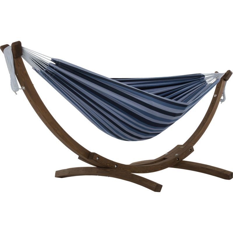 Vivere 8ft Double Cotton Hammock with Solid Pine Arc Stand - Blue Lagoon Color