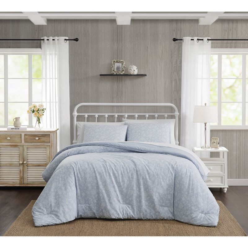 The Farmhouse 3pc King By Rachel Ashwell Majesty Comforter Set White/Blue: Percale, Botanical Design, 200 Thread Count