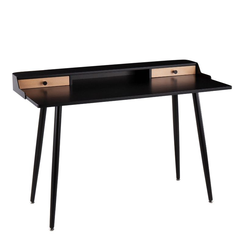 Harvey Contemporary Computer Desk Steel/Wood Black - LumiSource: Mid-Century Office Furniture, 2 Drawers, Open Shelf Storage