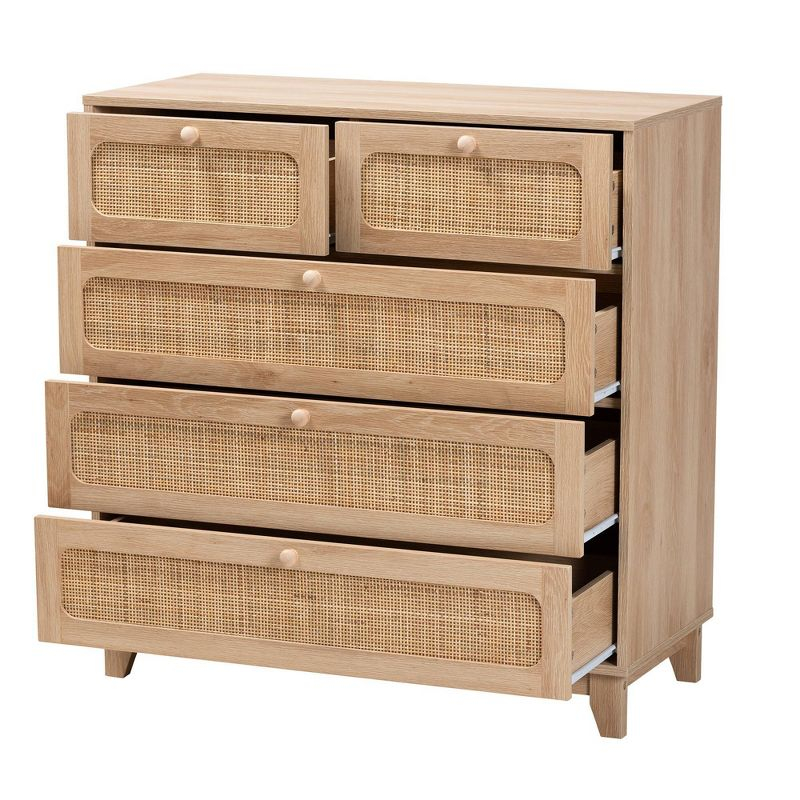 Elsbeth Wood and Natural Rattan 5 Drawer Storage Cabinet Oak Brown/Natural Brown - Baxton Studio