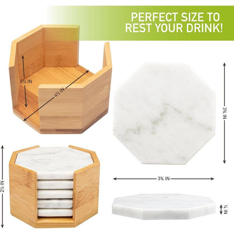 D'Eco White Carrara Marble Coasters w/ Bamboo Holder - Set of 5 - Tabletop Protection- Fits Any Size Wine Glass, Cup, Mug - Great Mother's Day Gift