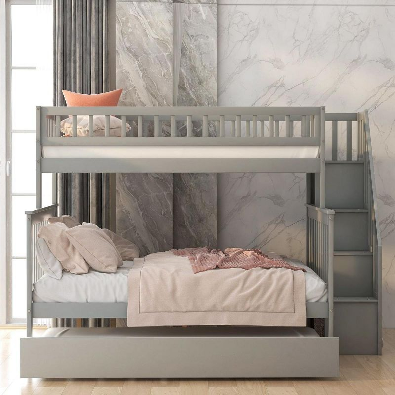 Streamdale Twin over Full Bunk Bed with Trundle and Staircase,Gray
