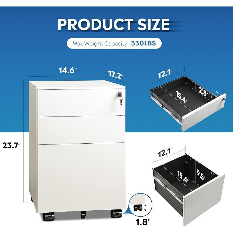 Locking File Cabinet, 3 Drawer Rolling Pedestal Under Desk Office, Fully Assembled Except Casters, White