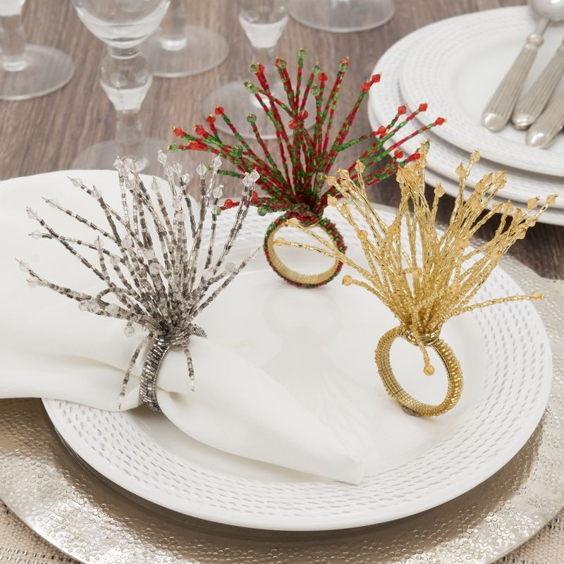 Saro Lifestyle Beaded Burst Design Napkin Rings (Set of 4), Silver