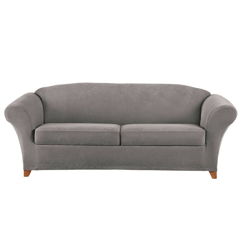 3pc Stretch Pique Sofa Slipcovers Flannel Gray - Sure Fit: Furniture Protector, Indoor Elastic Fit