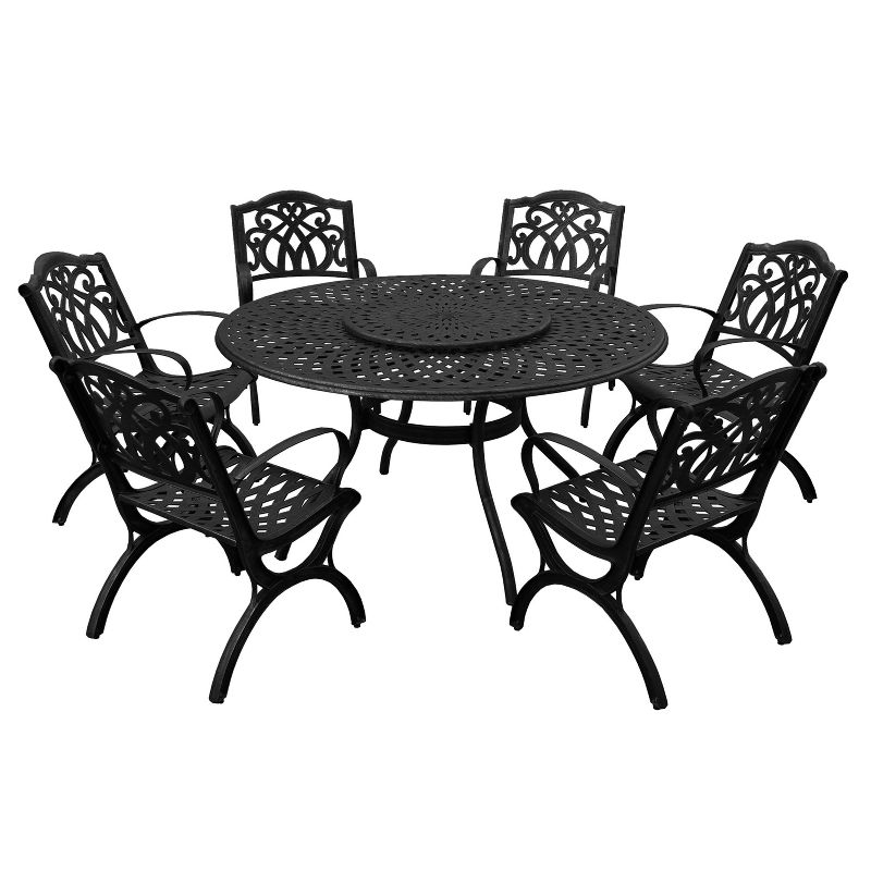 7pc Outdoor Dining Set with 59" Modern Ornate Mesh Aluminum Round Table & Luxury Chairs Black - Oakland Living