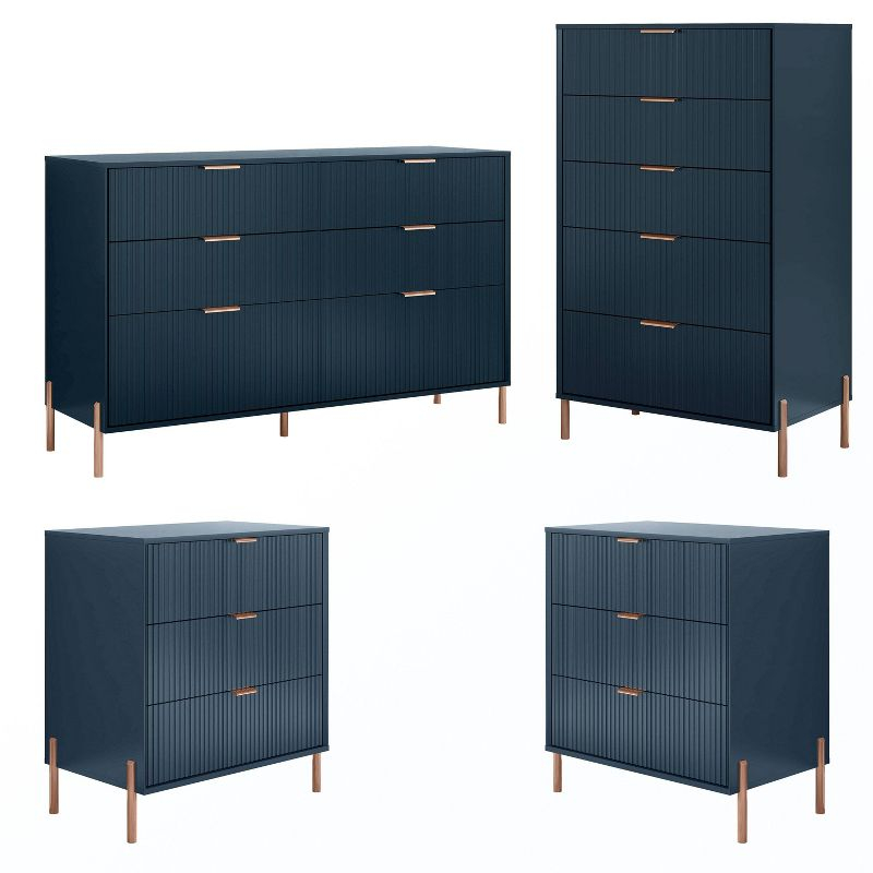 Festivo 4pc Modern Elegance Bedroom Chest and 6 Drawer Dresser and 3 Drawer Nightstands Set Navy
