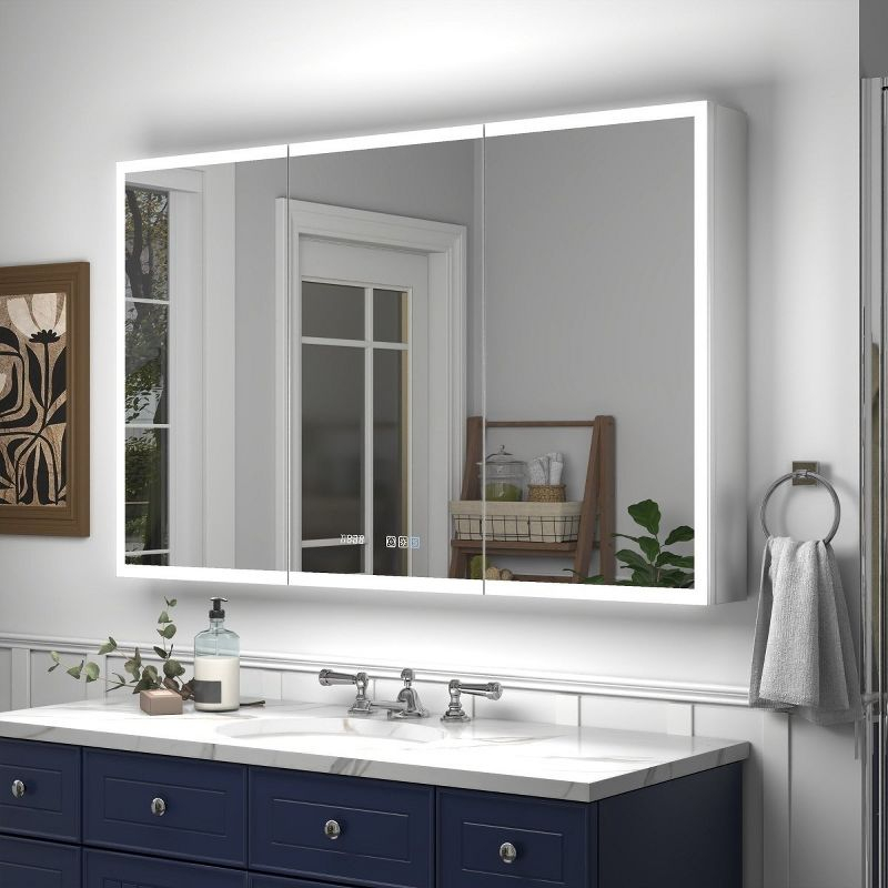 LED Lighted Medicine Cabinet 48x30 Recessed Surface Mount Clock Mirrors, 48"W x 30"H