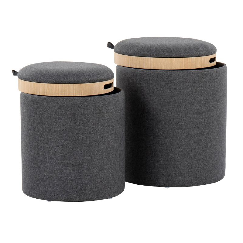 Tray Polyester/Wood Ottoman Set Charcoal/Natural - LumiSource: Includes 2, Space-Saving Design, No Assembly Required