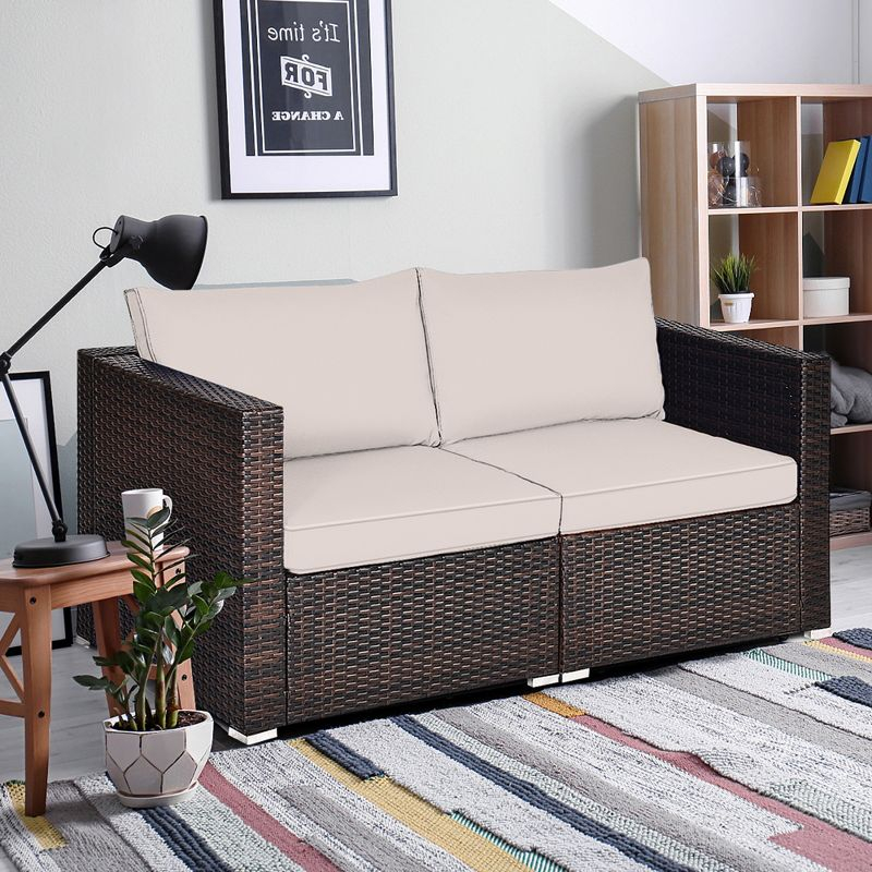 Tangkula 2PCS Rattan Corner Sofa Set Patio Outdoor Furniture Set w/ 4 Beige Cushions