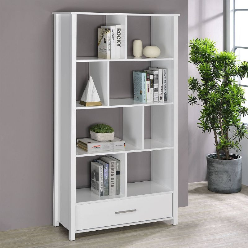 Coaster 68" Dylan 8 Shelf Bookcase with Storage Drawer White High Gloss : Laminated, Modern Design, Zinc Alloy Hardware
