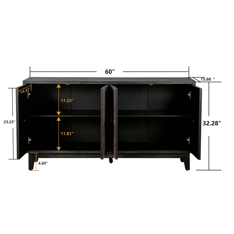 60" Mid Century Sideboard Buffet Kitchen Storage Cabinet, with 4 Convex pattern diamond Doors and 2 Shelves Accent, for Entrance, Hall, Antique Brown