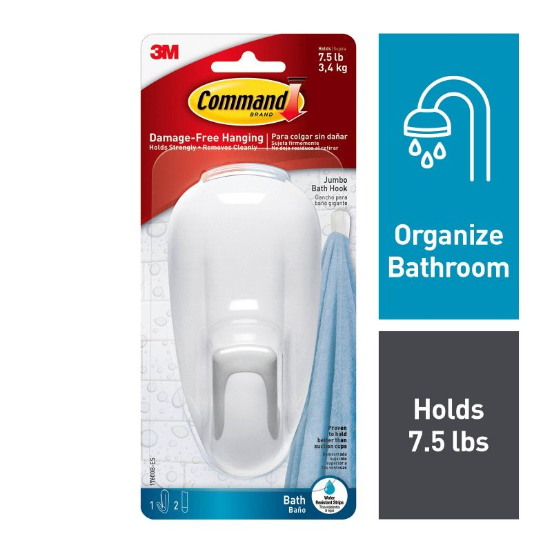 Command Large Bathroom Hook White: Heavy Duty Shower Hook