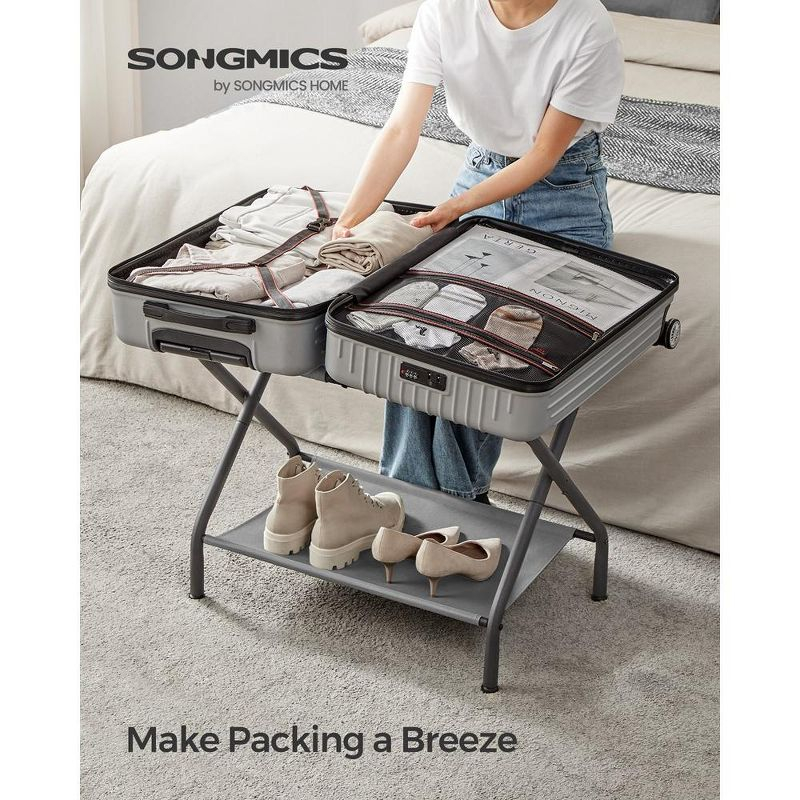SONGMICS Luggage Rack with Fabric Storage Shelf Suitcasa Stand for Guest Room Bedroom Holds up to 110 lb Set of 2 Gray