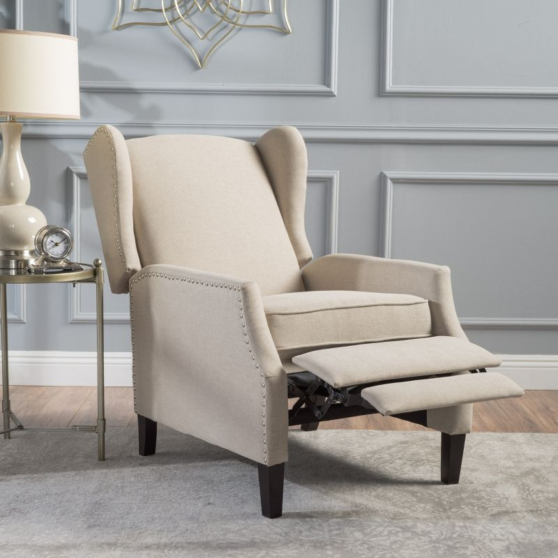 GDFStudio Weyland Contemporary Fabric Wingback Pushback Recliner with Nailhead Accents, Wheat
