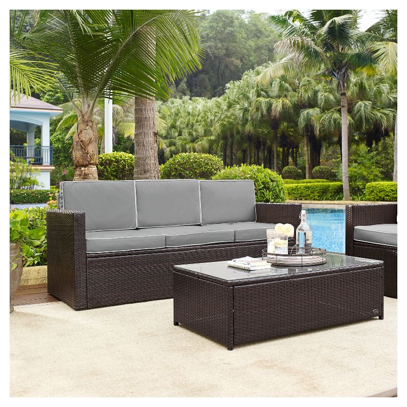 Palm Harbor Outdoor Wicker Sofa In Brown with Gray Cushions - Crosley: All-Weather, Fade-Resistant Patio Furniture