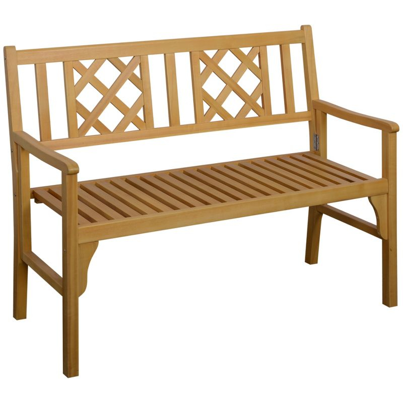 Outsunny Wooden Outdoor Garden Bench for 2, Portable Folding Bench 2 Seater with Backrest and Armrests, Natural
