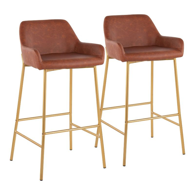 Set of 2 Daniella Metal Faux Leather Barstools Gold/Camel: Sleek Upholstered, 30" Fixed Height - LumiSource