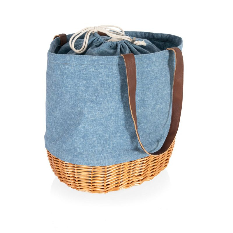 Picnic Time Coronado Canvas and Willow Basket Tote with Navy Blue and White Stripe