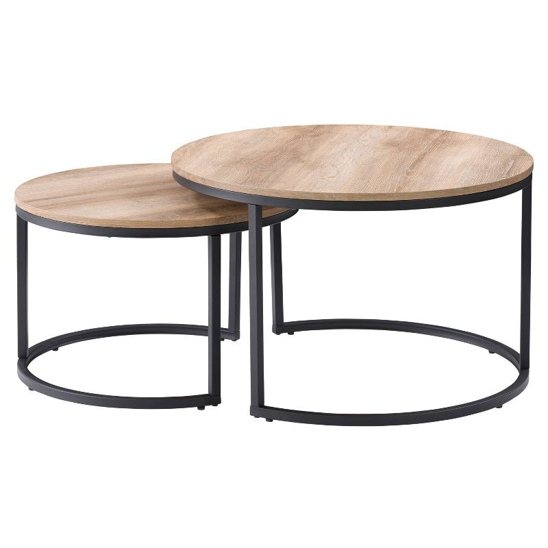 Set of 2 Wood Grain Finish Forth Worth Round Nesting Coffee Table Light Brown - CorLiving: Metal Legs, Small Space Design
