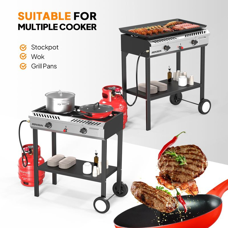 ROVSUN 2 Burner Outdoor Propane Gas Stove with Ignition, Regulator & Shelf, 150,000 BTU Powerful Cooker for Backyard Patio Cooking Home Canning Frying