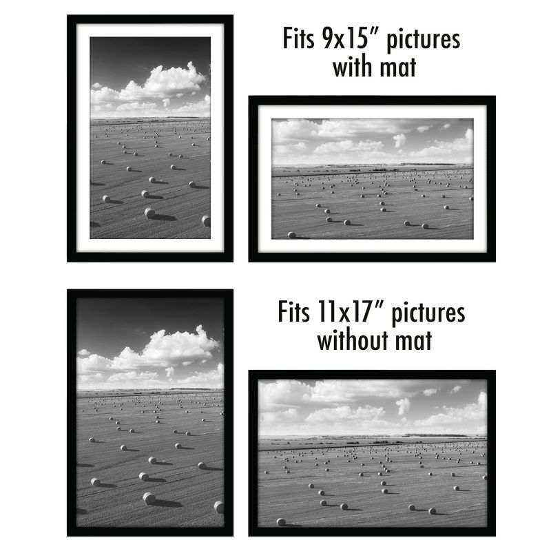 Americanflat 11x17 Picture Frame with Polished Plexiglass, Set of 5, Use as 9x15 Frame with Mat or 11x17 Frame Without Mat, Galleria Collection,Black