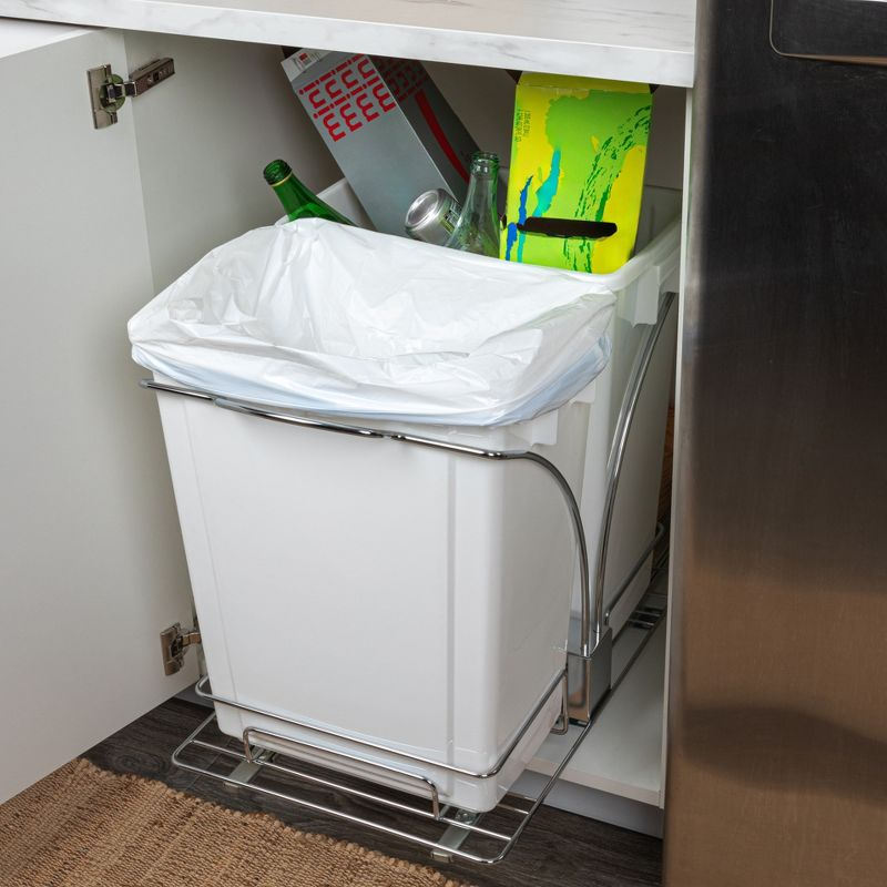 Glidez Chrome-Plated Steel Pull-Out/Slide-Out Discreet Double 9 Gallon Plastic Trash Cans and Recycling Bins for Under Cabinet Use - Chrome and White