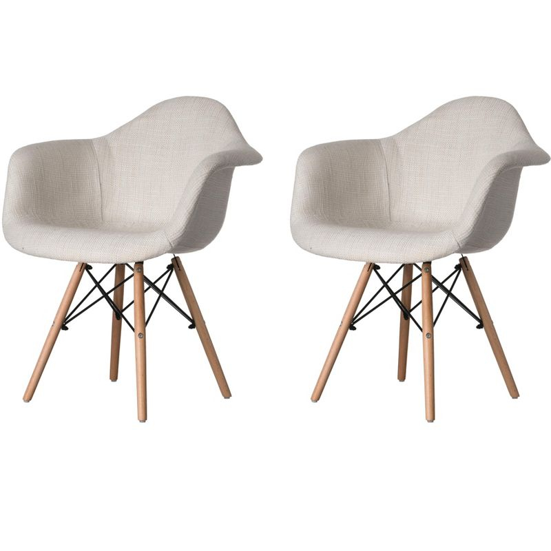 Fabulaxe Mid-Century Modern Style Fabric Lined Armchair with Beech Wooden Legs, White Set 2