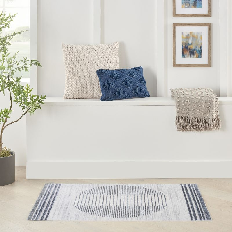 Nourison Astra Machine Washable Stripe Circle Mid-Century Modern Indoor Rug Ivory Blue 2'2" x 4'