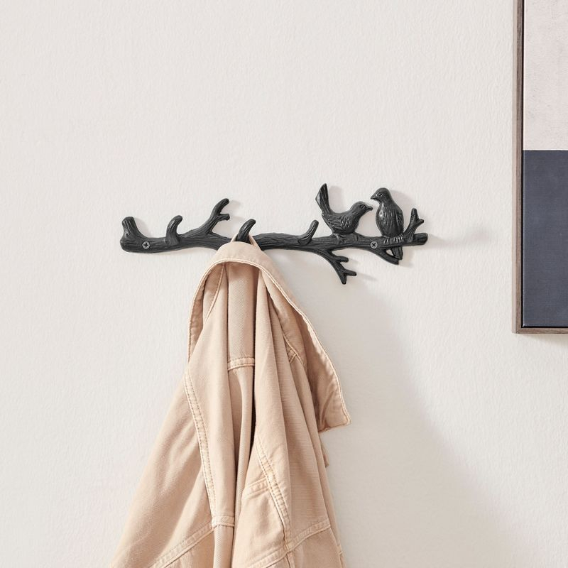 Danya B. Dark Brown Cast Iron Birds on Tree Branch Decorative Wall Sculpture Utility Hook Unit with 4 Hooks