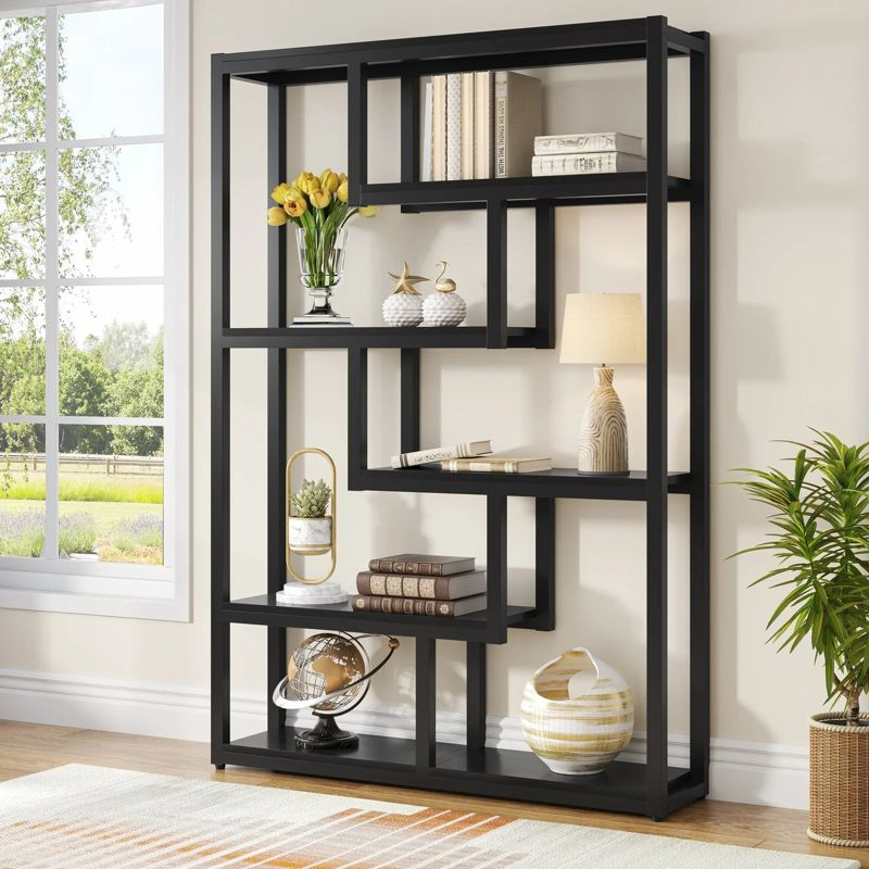 Hommoo 6-Tier Bookshelf, 69" Industrial Bookcase with Staggered Shelves Black