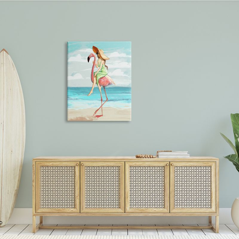 Stupell Industries Beach Woman Riding Pink Flamingo Tall Tropical Bird Gallery Wrapped Canvas Wall Art, 30 x 40