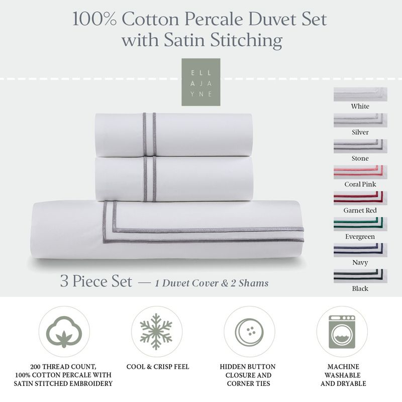 Ella Jayne 100% Cotton Percale 3 Piece Duvet Set, King, Stone, White with Stone Satin Stitching