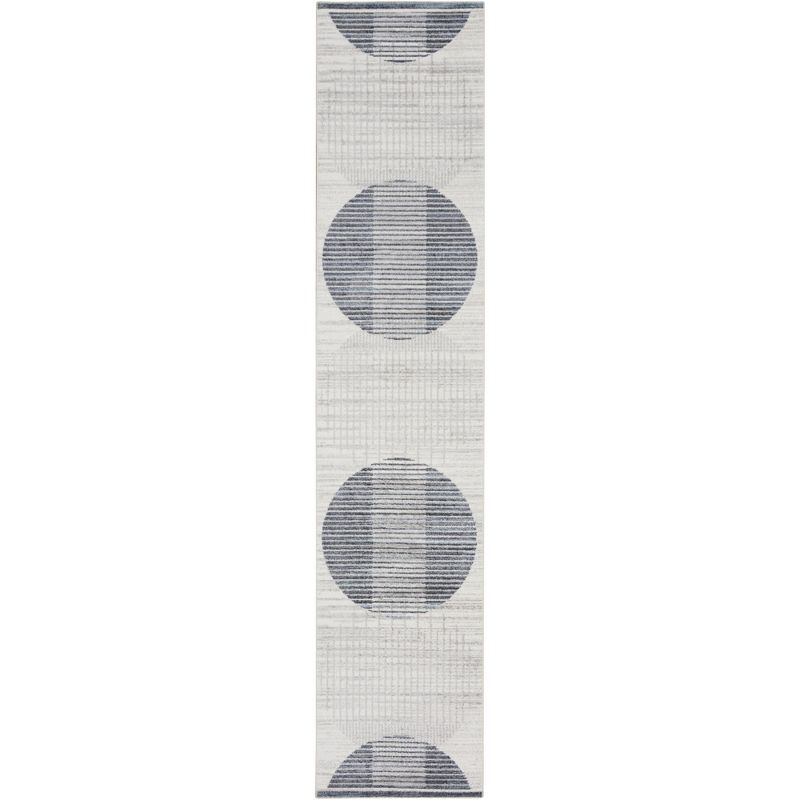 Nourison Astra Machine Washable Semi Circles Mid-Century Modern Indoor Bathroom, Kitchen Runner Rug Ivory Blue 2'2" x 12'