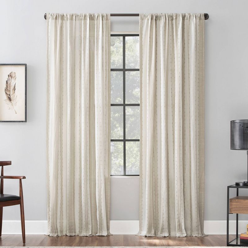 84"x52" Slub Texture Stripe Cotton Light Filtering Curtain Linen/White: Modern Rod Pocket Panel - Archaeo