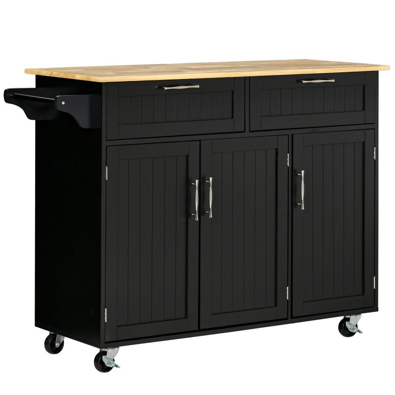 HOMCOM Modern Kitchen Island Cart on Wheels with Storage Drawers, Rolling Utility Cart with Adjustable Shelves, Cabinets and Towel Rack, Black