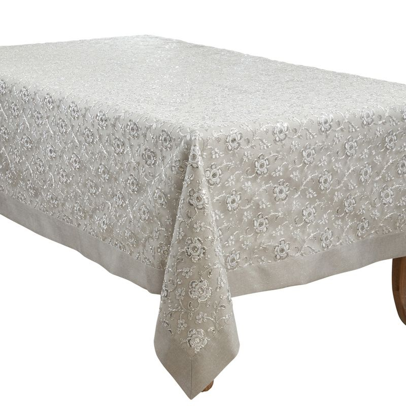 Saro Lifestyle Floral Design Embroidered Tablecloth, Silver, 65" x 120"