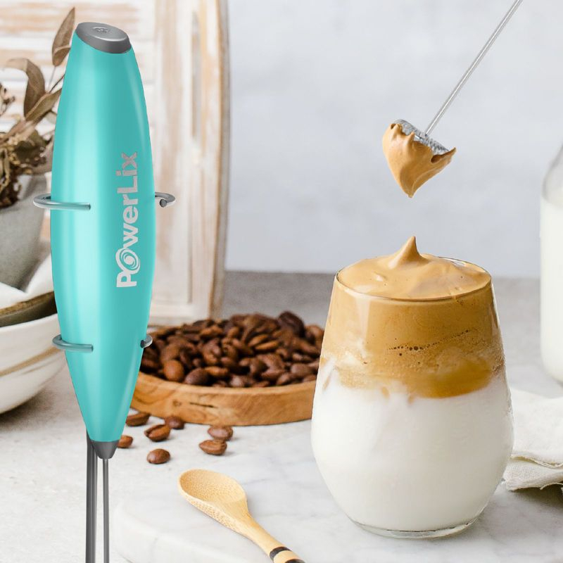 PowerLix Milk Frother Handheld Battery Operated Electric Whisk Foam Maker For Coffee With Stainless Steel Stand Included  - Carribean Aqua