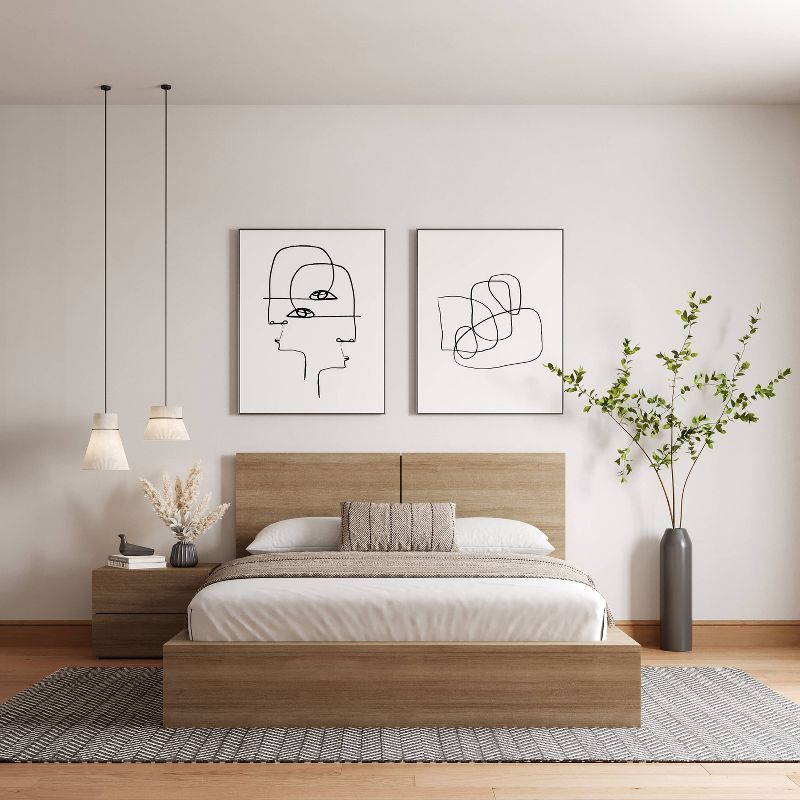 Nexera Queen 3pc James Bedroom Set Brown Oak: Modern Style, Platform Bed, 1 Nightstand Included