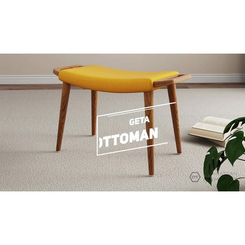 Manhattan Comfort Geta Ottoman Yellow: Upholstered Linen Footstool, Padded Seat, Ash Wood Legs
