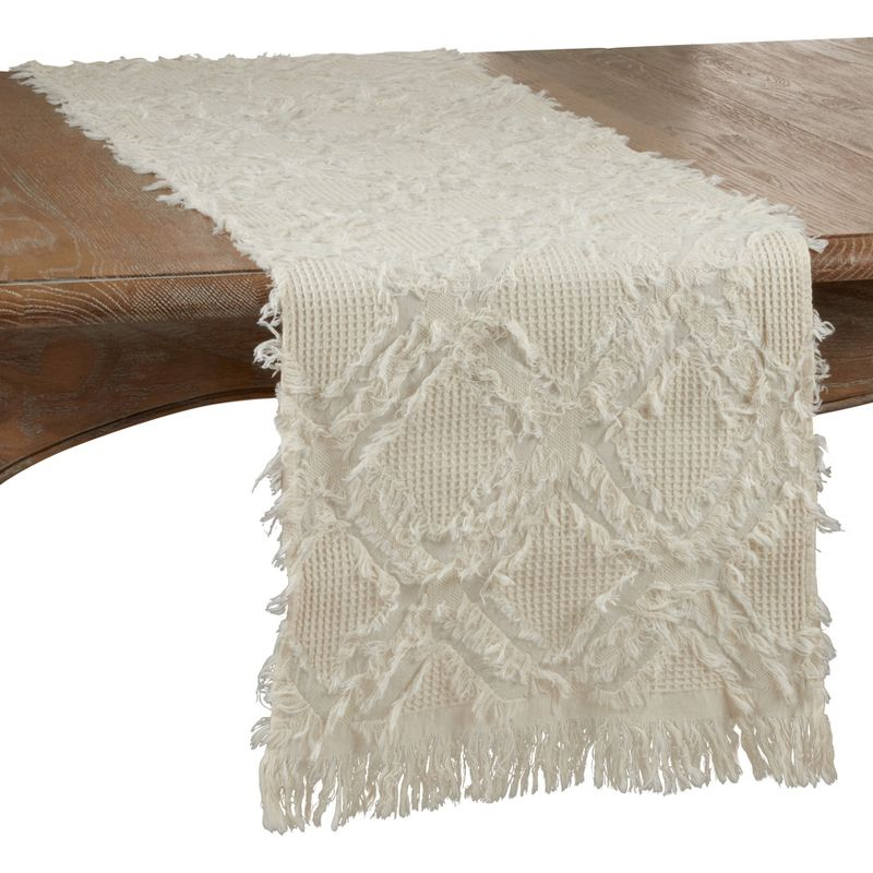 Saro Lifestyle Fringe Design Waffle Weave Table Runner, Ivory, 16" x 72"