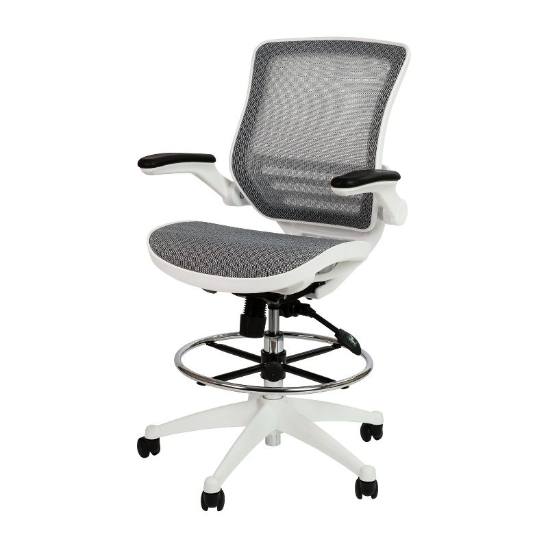Emma and Oliver Gray Mid-Back Mesh Drafting Chair with White Frame and Flip-Up Arms