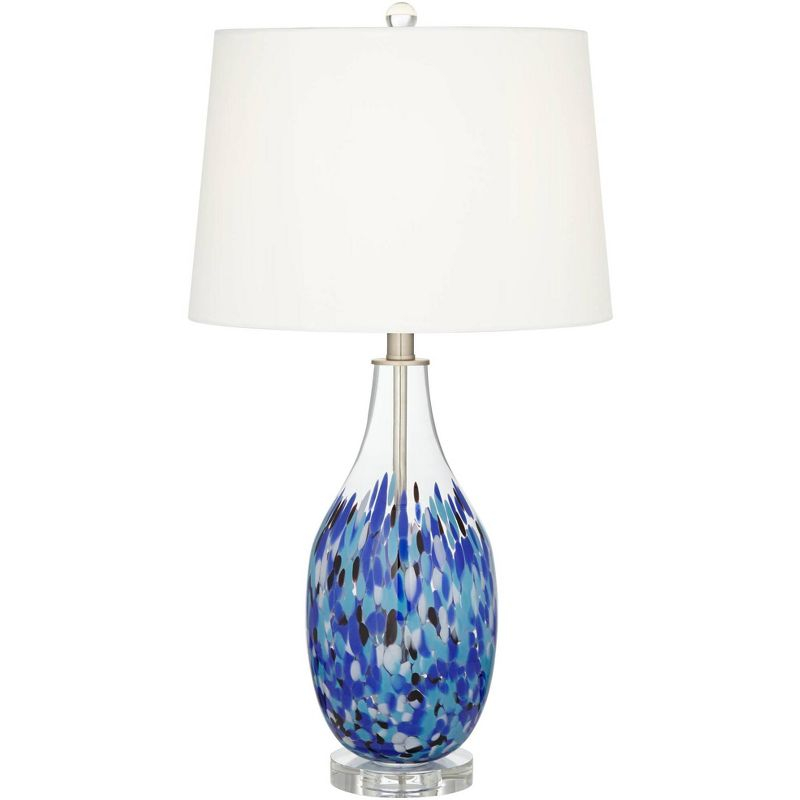 360 Lighting Marnie Modern Coastal Table Lamp 28" Tall Blue Art Glass White Fabric Drum Shade for Bedroom Living Room Bedside Nightstand Office House