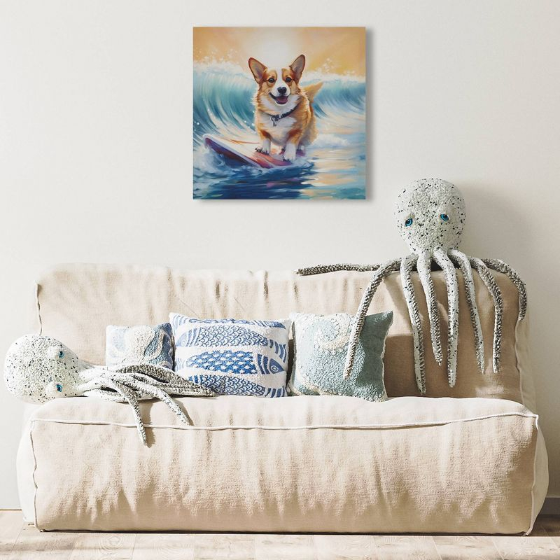 Madison Park 16"x16" Beach Playful Lively Dogs Print Canvas Wall Decor Art Corgi Blue: Farmhouse Style, Animal Theme for Living Room
