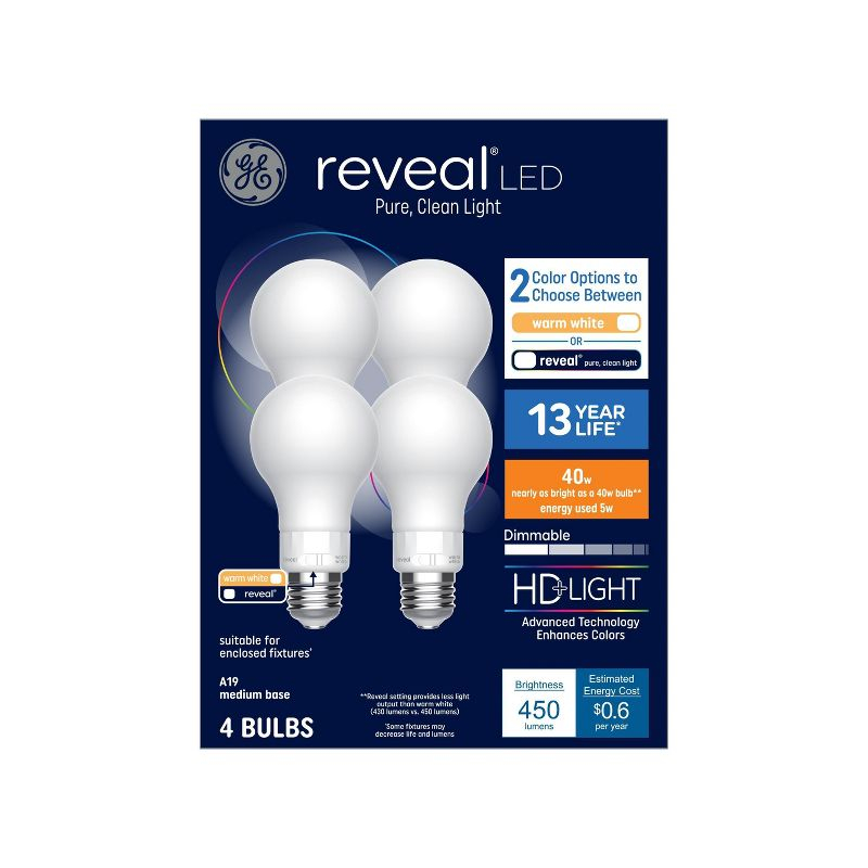 GE 4pk 40W Color Select A19 LED Light Bulbs: Warm White, 5W, Dimmable, 3000K, 450 Lumens, E26 Base, 13.7-Year Life