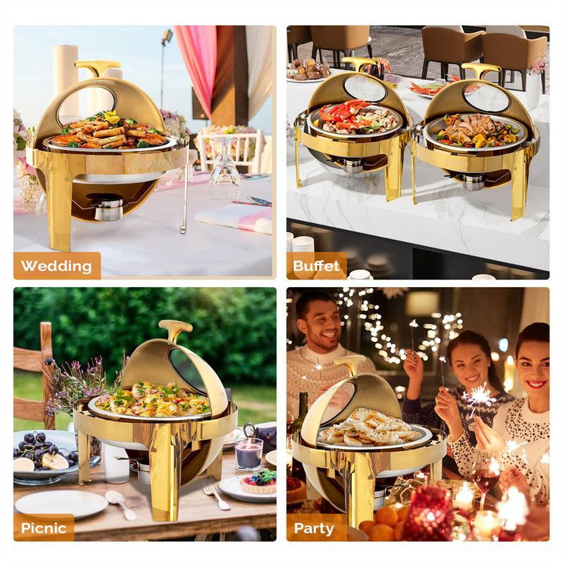 6 QT Gold Roll Top Round Chafing Dish Buffet Set with Glass Window