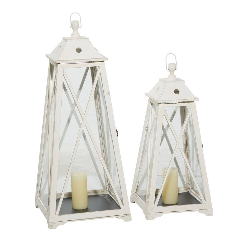 Olivia & May Set of 2 Triangular Wood and Glass Lanterns White: Iron Frame, Fits Any Candle Size