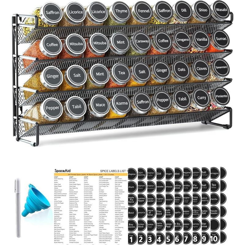 Spice Rack Organizer with 36 Jars, 386 Labels, for Cabinet, Countertop, Pantry or Wall Mount