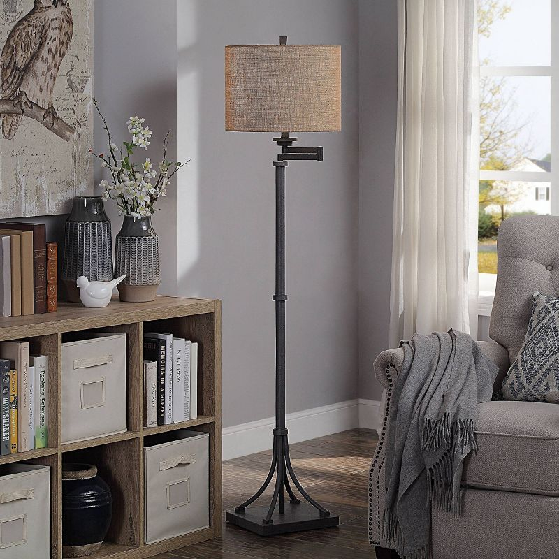 Tipton Swing Arm Floor Lamp with Burlap Shade Bronze/Tan - StyleCraft: Adjustable, UL Listed, Metal Body, Polyester Shade